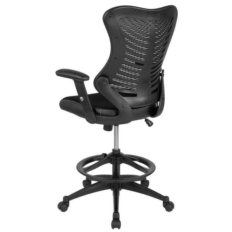 Waylon High Back Designer Black Mesh Drafting Chair with LeatherSoft Sides and Adjustable Arms