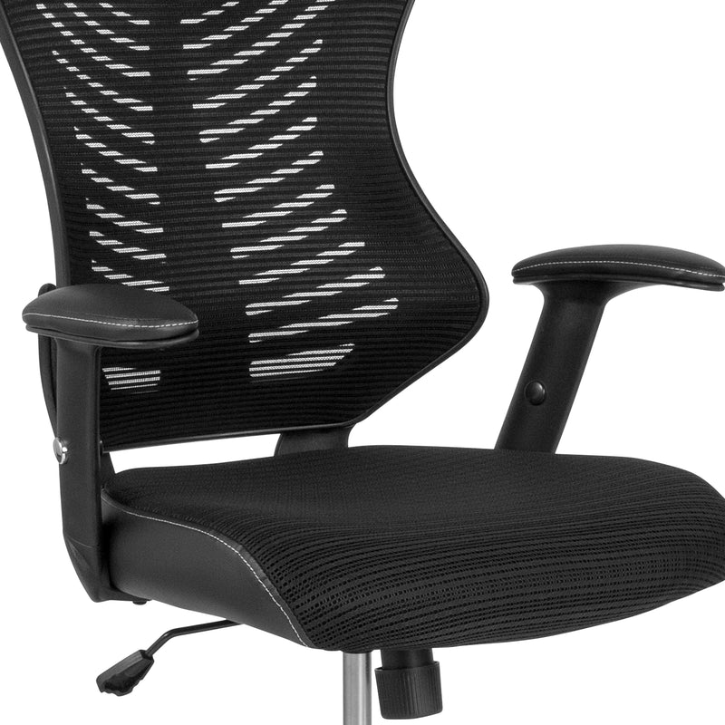 Waylon High Back Designer Black Mesh Drafting Chair with LeatherSoft Sides and Adjustable Arms