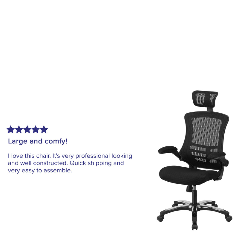 Kelista High-Back Black Mesh Swivel Ergonomic Executive Office Chair with Flip-Up Arms and Adjustable Headrest