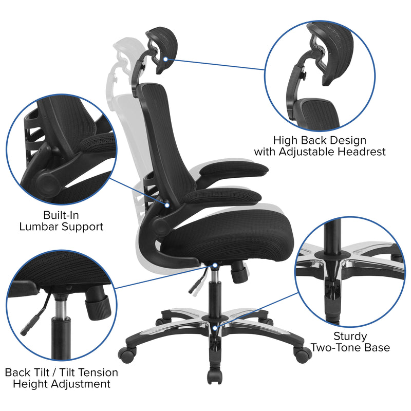 Kelista High-Back Black Mesh Swivel Ergonomic Executive Office Chair with Flip-Up Arms and Adjustable Headrest