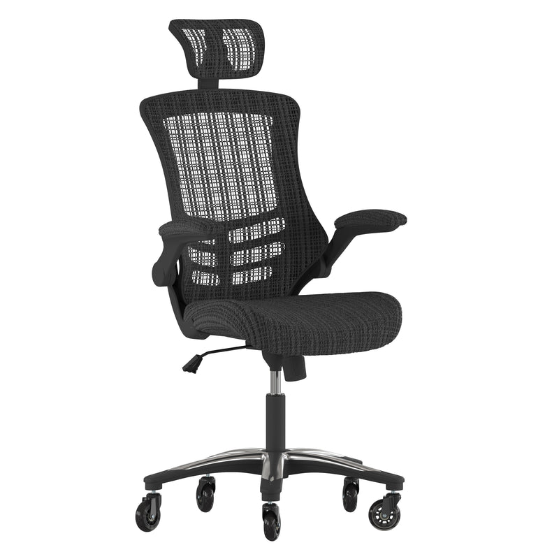 Kelista High-Back Black Mesh Swivel Ergonomic Executive Office Chair with Flip-Up Arms and Transparent Roller Wheels