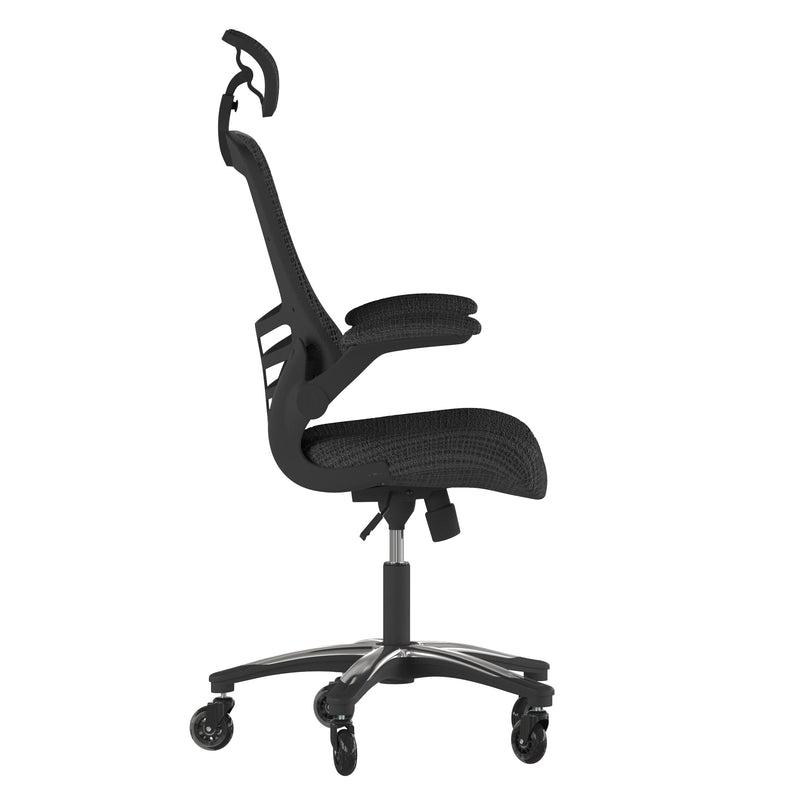 Kelista High-Back Black Mesh Swivel Ergonomic Executive Office Chair with Flip-Up Arms and Transparent Roller Wheels