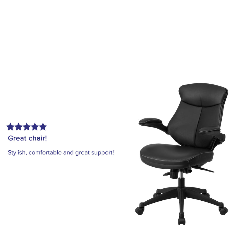 Kale Mid-Back Black LeatherSoft Executive Swivel Ergonomic Office Chair with Back Angle Adjustment and Flip-Up Arms