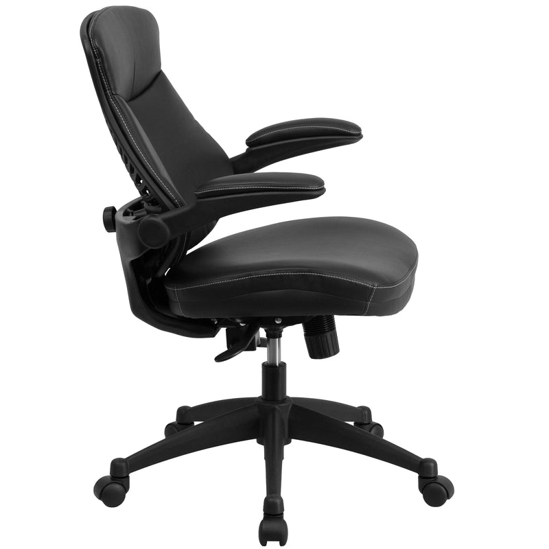 Kale Mid-Back Black LeatherSoft Executive Swivel Ergonomic Office Chair with Back Angle Adjustment and Flip-Up Arms
