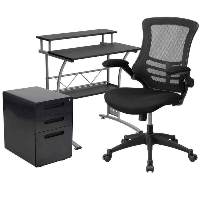 Calder Work From Home Kit - Black Computer Desk, Ergonomic Mesh Office Chair and Locking Mobile Filing Cabinet with Inset Handles