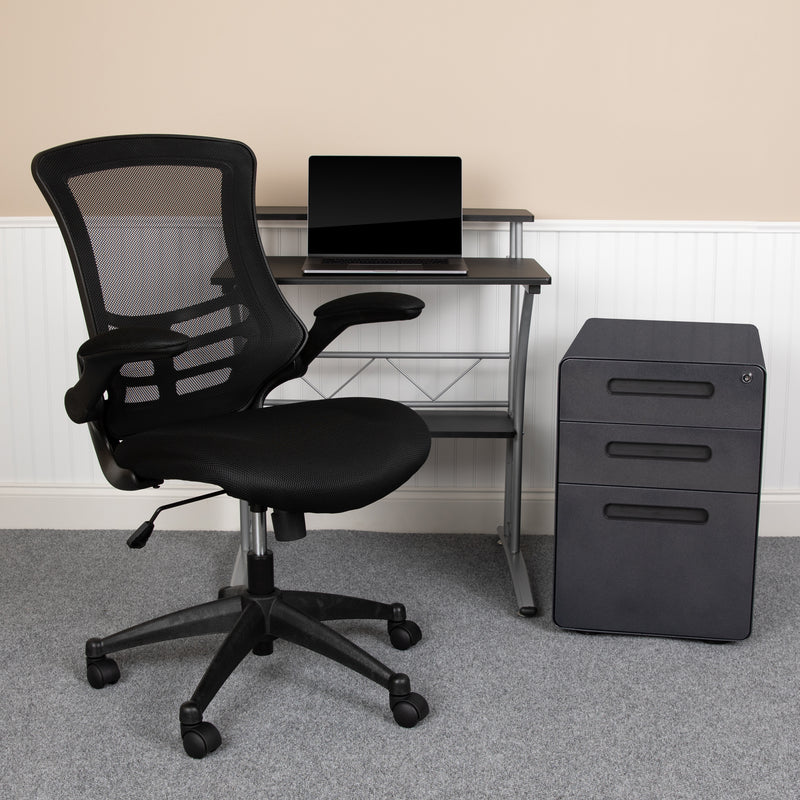 Calder Work From Home Kit - Black Computer Desk, Ergonomic Mesh Office Chair and Locking Mobile Filing Cabinet with Inset Handles