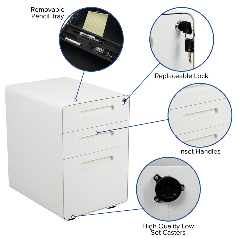 Stiles Work From Home Kit - White Adjustable Computer Desk, LeatherSoft Office Chair and Inset Handle Locking Mobile Filing Cabinet