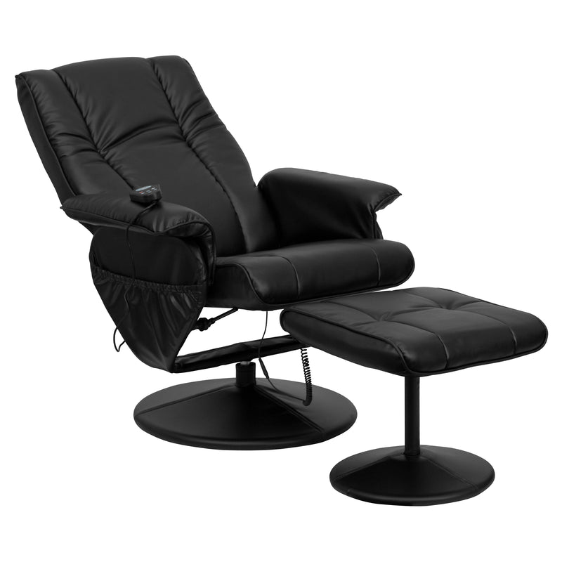 Hall Massaging Heat Controlled Adjustable Recliner and Ottoman with Wrapped Base in Black LeatherSoft