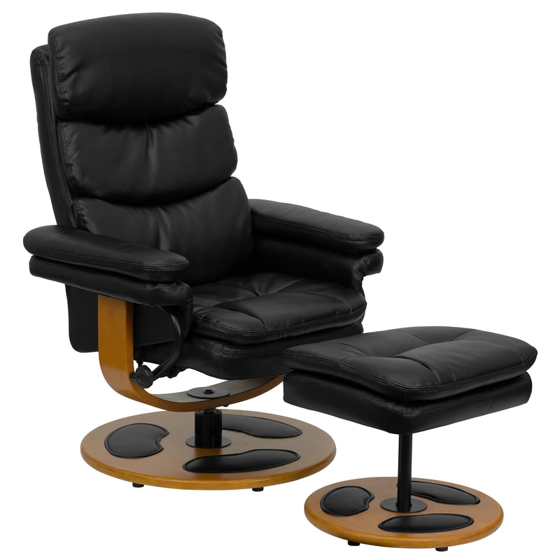 Whitney Contemporary Multi-Position Recliner and Ottoman with Wood Base in Black LeatherSoft