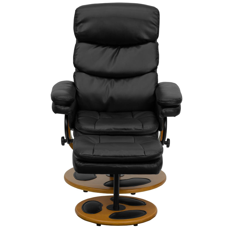 Whitney Contemporary Multi-Position Recliner and Ottoman with Wood Base in Black LeatherSoft