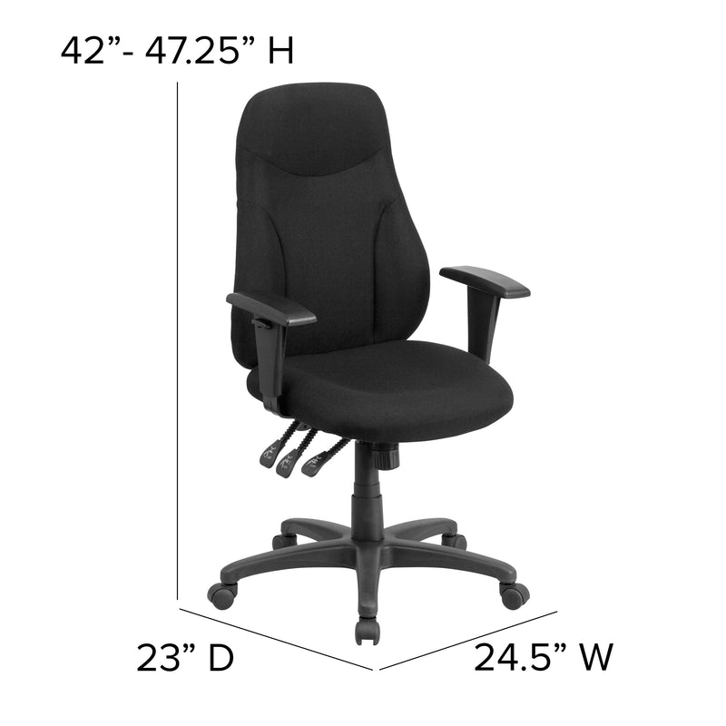 Hughes High Back Black Fabric Multifunction Swivel Ergonomic Task Office Chair with Adjustable Arms