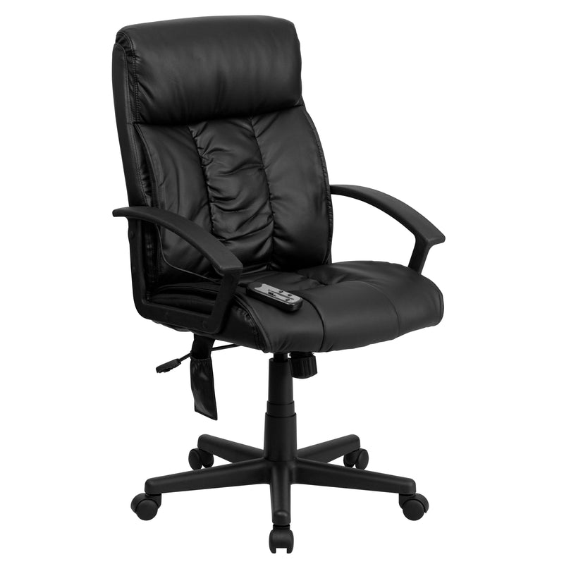 Sumter High Back Ergonomic Massaging Black LeatherSoft Executive Swivel Office Chair with Side Remote Pocket and Arms