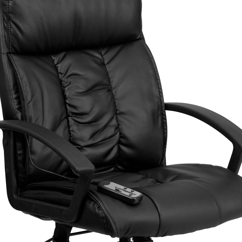 Sumter High Back Ergonomic Massaging Black LeatherSoft Executive Swivel Office Chair with Side Remote Pocket and Arms