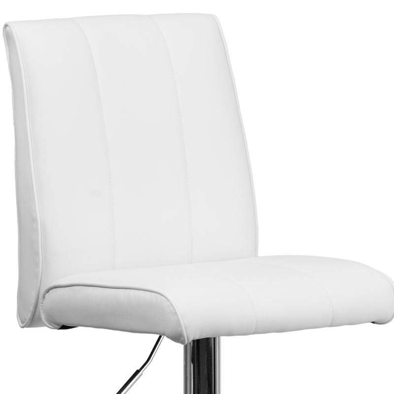 Charles Contemporary White Vinyl Adjustable Height Barstool with Vertical Stitch Panel Back and Chrome Base