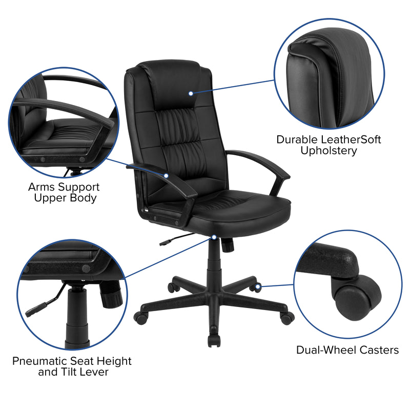 Biscayne Flash Fundamentals High Back Black LeatherSoft-Padded Task Office Chair with Arms