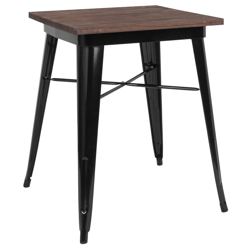 Prince 23.5" Square Black Metal Indoor Table with Walnut Rustic Wood Top