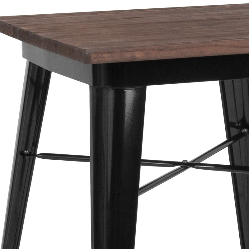 Prince 23.5" Square Black Metal Indoor Table with Walnut Rustic Wood Top