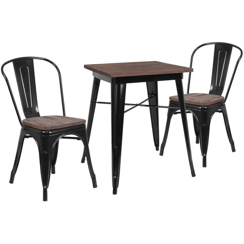 Bailey 23.5" Square Black Metal Table Set with Wood Top and 2 Stack Chairs