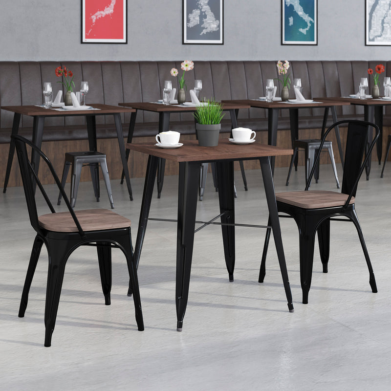 Bailey 23.5" Square Black Metal Table Set with Wood Top and 2 Stack Chairs