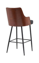 Classic Indoor Metal Barstool with Tufted Black Faux Leather Upholstery and Veneer Backrest