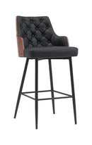 Classic Indoor Metal Barstool with Tufted Black Faux Leather Upholstery and Veneer Backrest