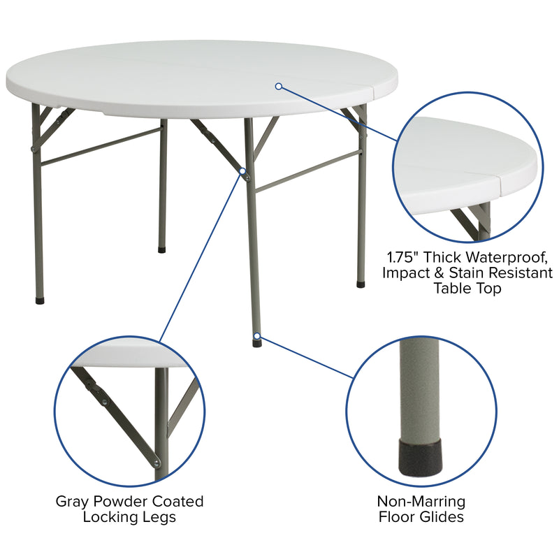 Freeman 4-Foot Round Bi-Fold Granite White Plastic Banquet and Event Folding Table with Carrying Handle