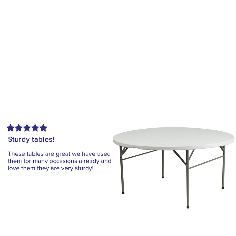 Scarborough 5-Foot Round Bi-Fold White Plastic Folding Table with Carrying Handle