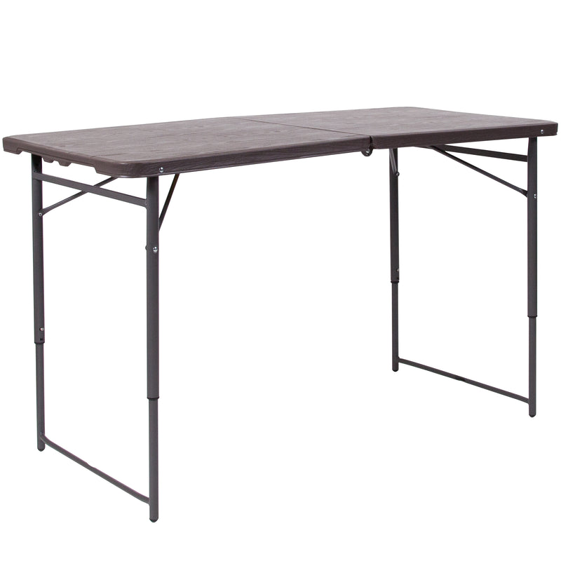 Mills 4-Foot Height Adjustable Bi-Fold Brown Wood Grain Plastic Folding Table with Carrying Handle