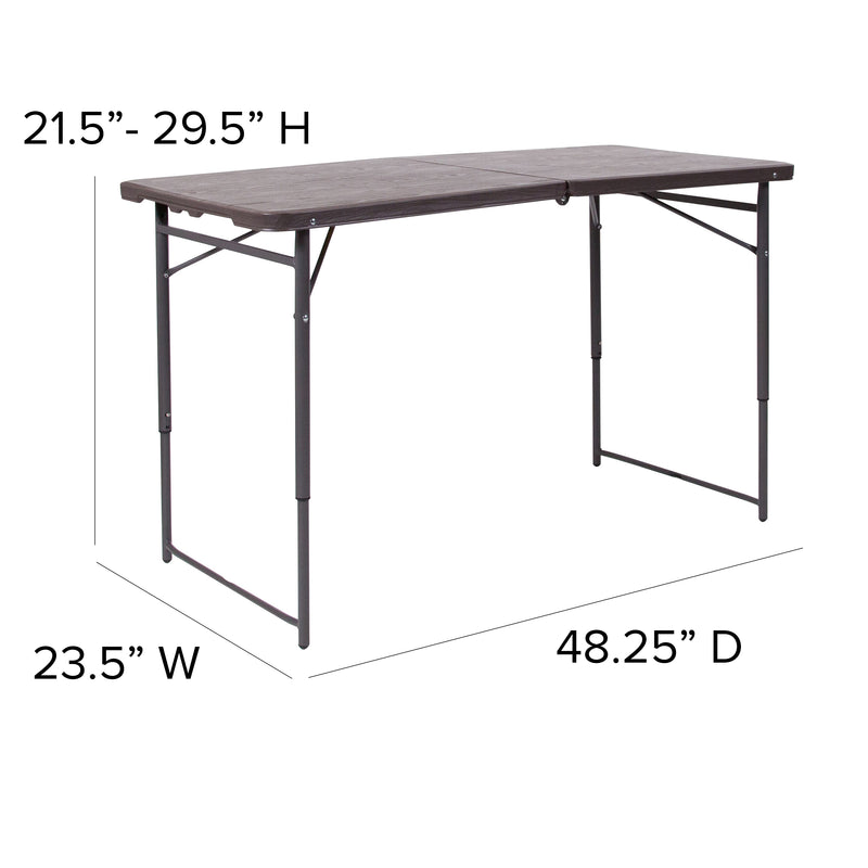 Mills 4-Foot Height Adjustable Bi-Fold Brown Wood Grain Plastic Folding Table with Carrying Handle