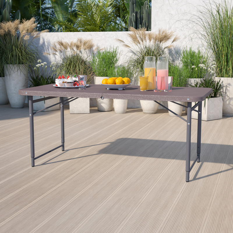 Mills 4-Foot Height Adjustable Bi-Fold Brown Wood Grain Plastic Folding Table with Carrying Handle