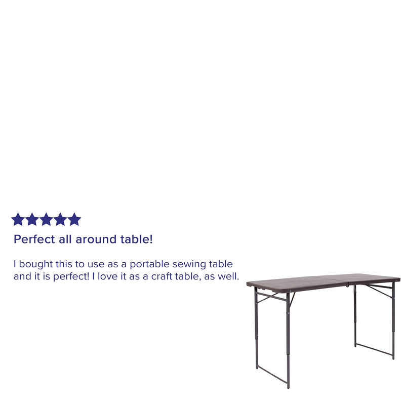 Mills 4-Foot Height Adjustable Bi-Fold Brown Wood Grain Plastic Folding Table with Carrying Handle