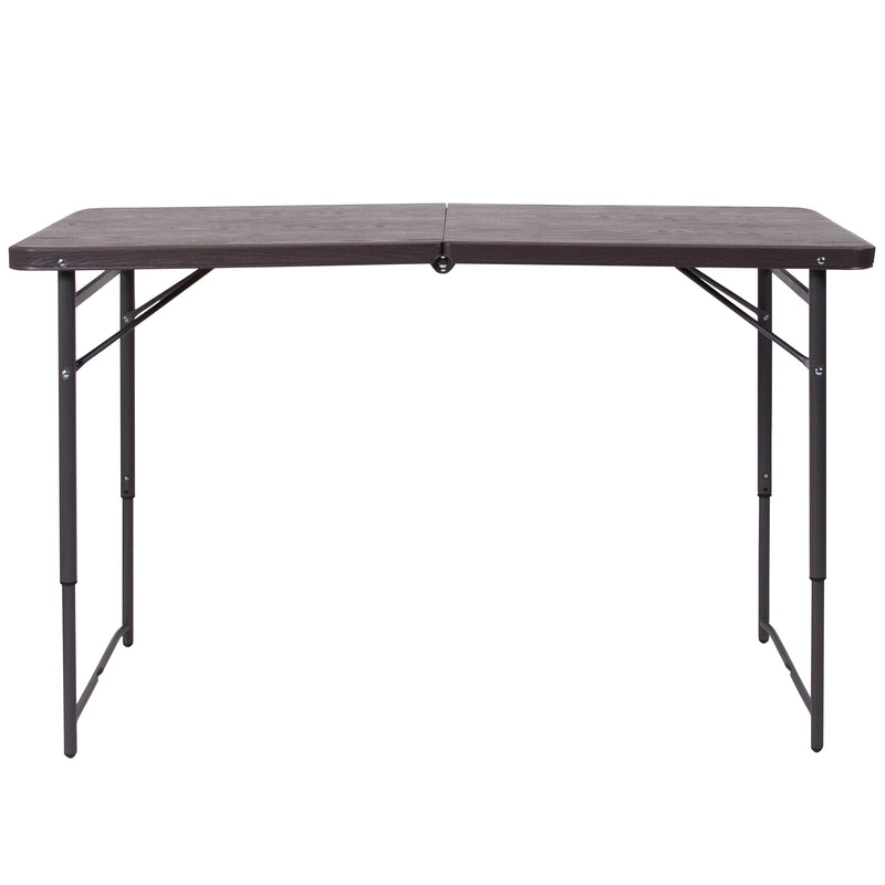Mills 4-Foot Height Adjustable Bi-Fold Brown Wood Grain Plastic Folding Table with Carrying Handle