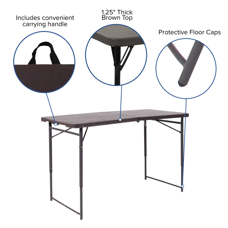 Mills 4-Foot Height Adjustable Bi-Fold Brown Wood Grain Plastic Folding Table with Carrying Handle