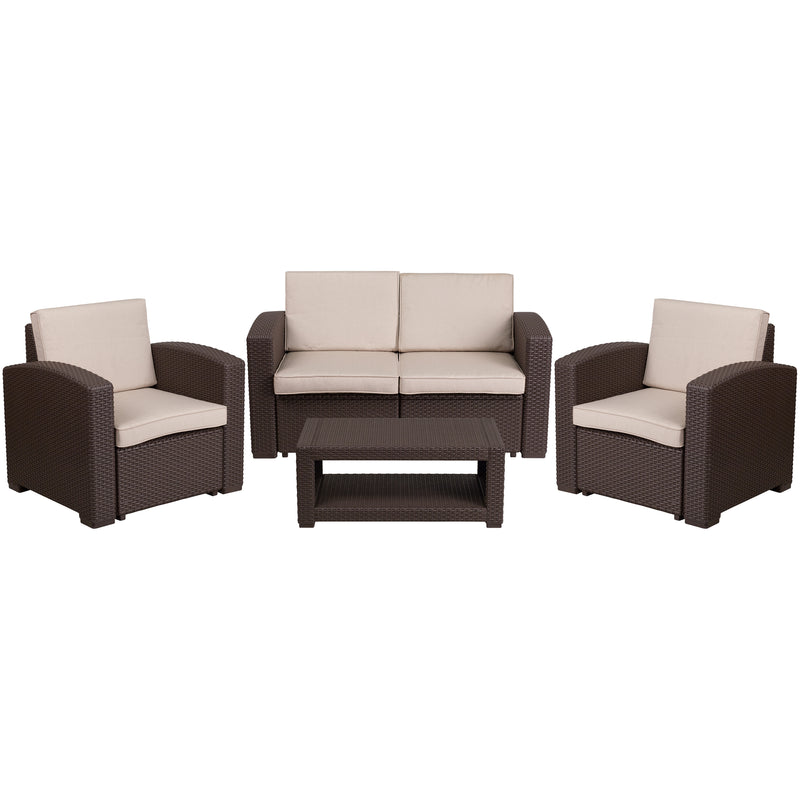 Seneca 4 Piece Outdoor Faux Rattan Chair, Loveseat and Table Set in Seneca Chocolate Brown