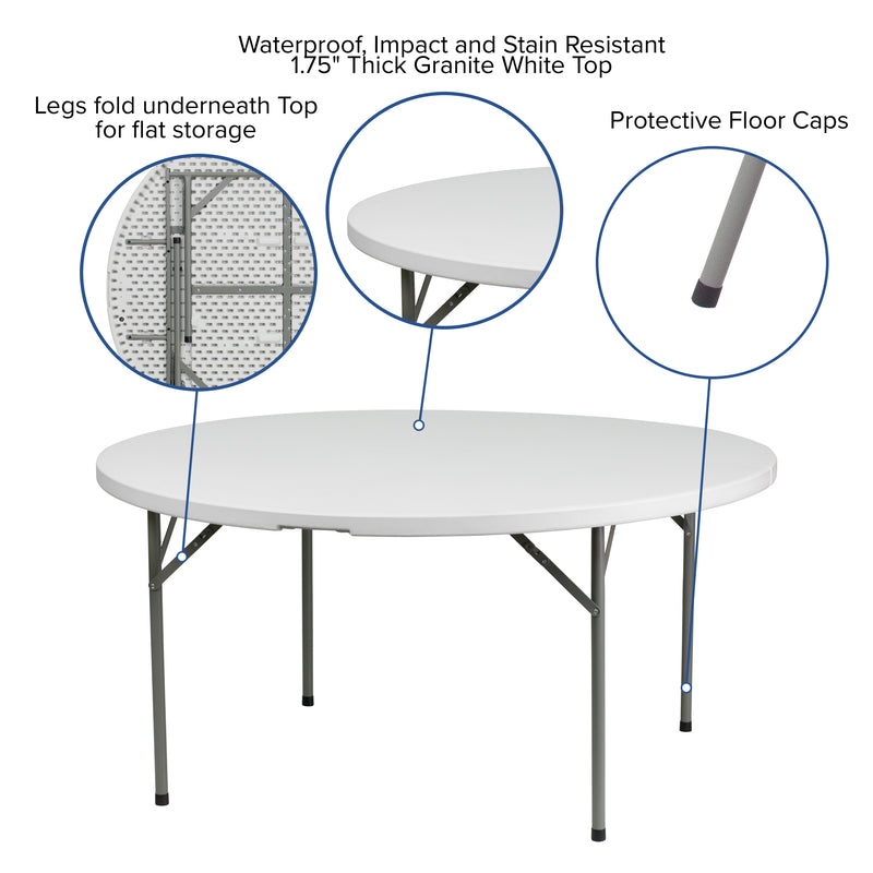 Elon 5-Foot Round Granite White Plastic Folding Table