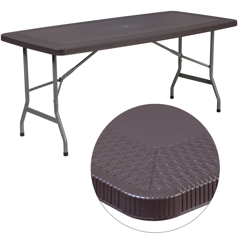 Elon 5.62-Foot Brown Rattan Indoor-Outdoor Plastic Folding Table with Umbrella Hole