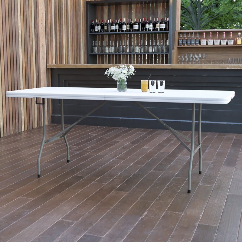 Elon 6-Foot Bi-Fold Granite White Plastic Banquet and Event Folding Table with Carrying Handle