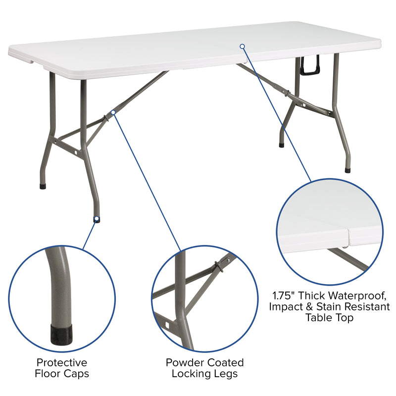 Elon 6-Foot Bi-Fold Granite White Plastic Banquet and Event Folding Table with Carrying Handle