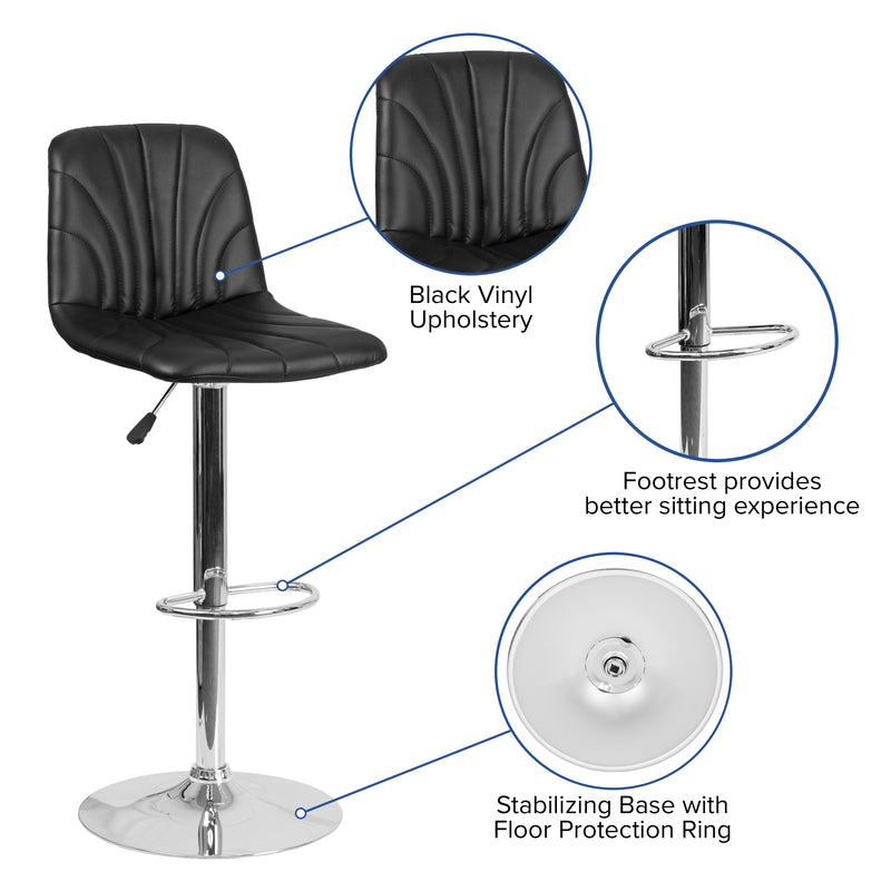 Williams Contemporary Black Vinyl Adjustable Height Barstool with Embellished Stitch Design and Chrome Base