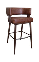 Open-Back Wood Grain Metal Framed Barstool with Coffee Colored Vinyl Seat and Back.