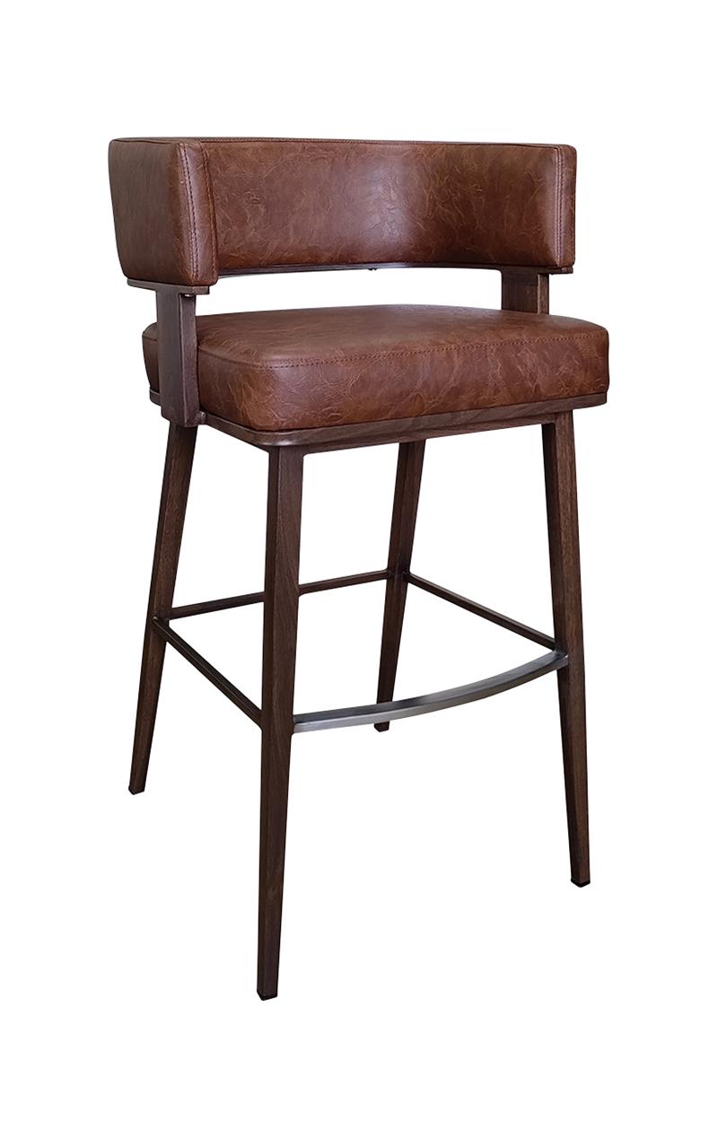 Open-Back Wood Grain Metal Framed Barstool with Coffee Colored Vinyl Seat and Back.