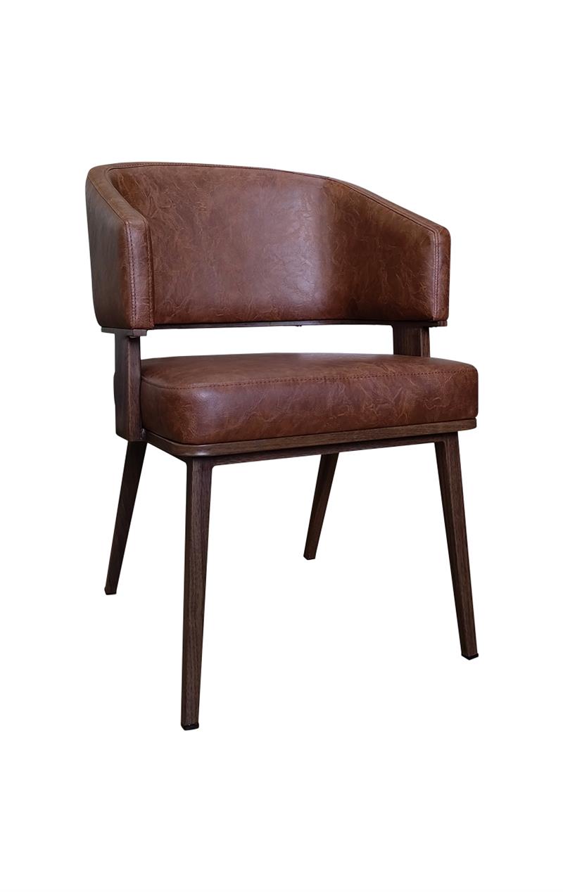 Open-Back Wood Grain Metal Framed Chair with Coffee Colored Vinyl Seat and Back.