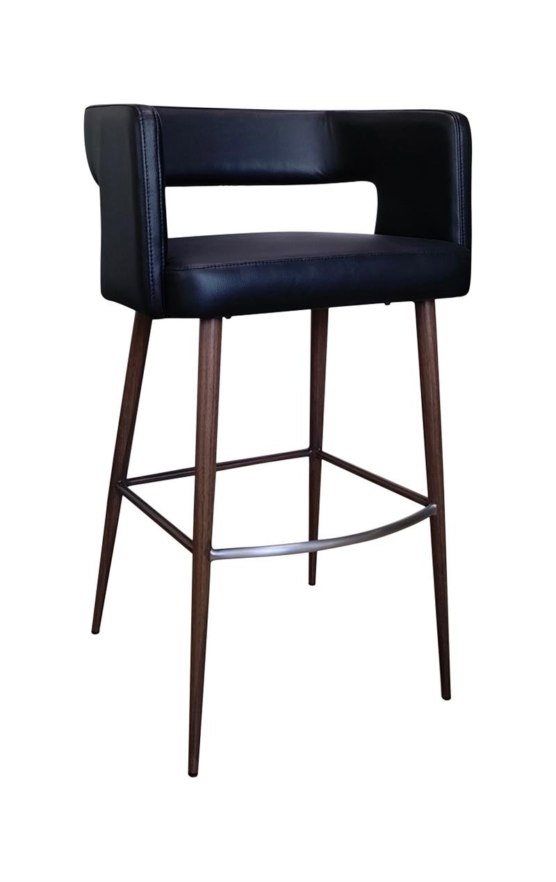 Open-Back Wood Grain Metal Framed Barstool with Black Vinyl Seat and Back.