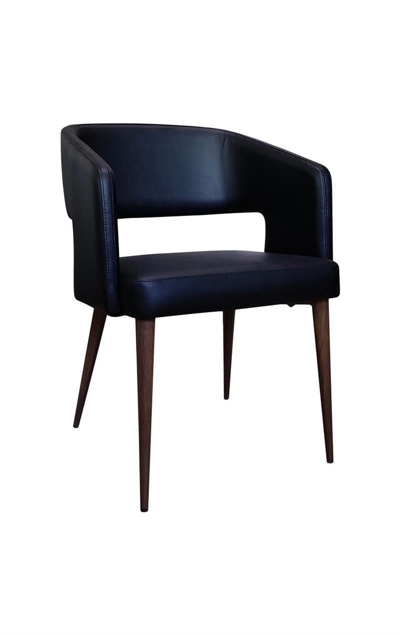 Open-Back Wood Grain Metal Framed Chair with Black Vinyl Seat and Back.