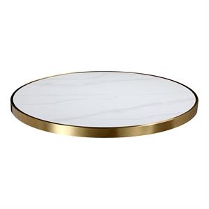 1 1/8" Marble White Sintered Stone Table Top with Light Grey Veining and Gold Stainless Steel Edge, Indoor/Outdoor Use