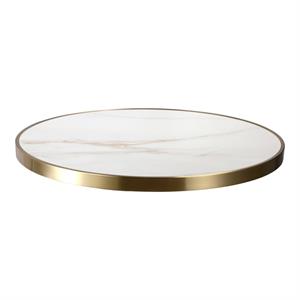 1 1/8" Marble White Sintered Stone Table Top with Gold Stainless Steel Edge, Indoor/Outdoor Use
