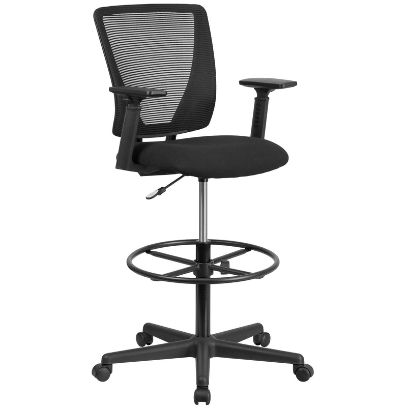 Harper Ergonomic Mid-Back Mesh Drafting Chair with Black Fabric Seat, Adjustable Foot Ring and Adjustable Arms