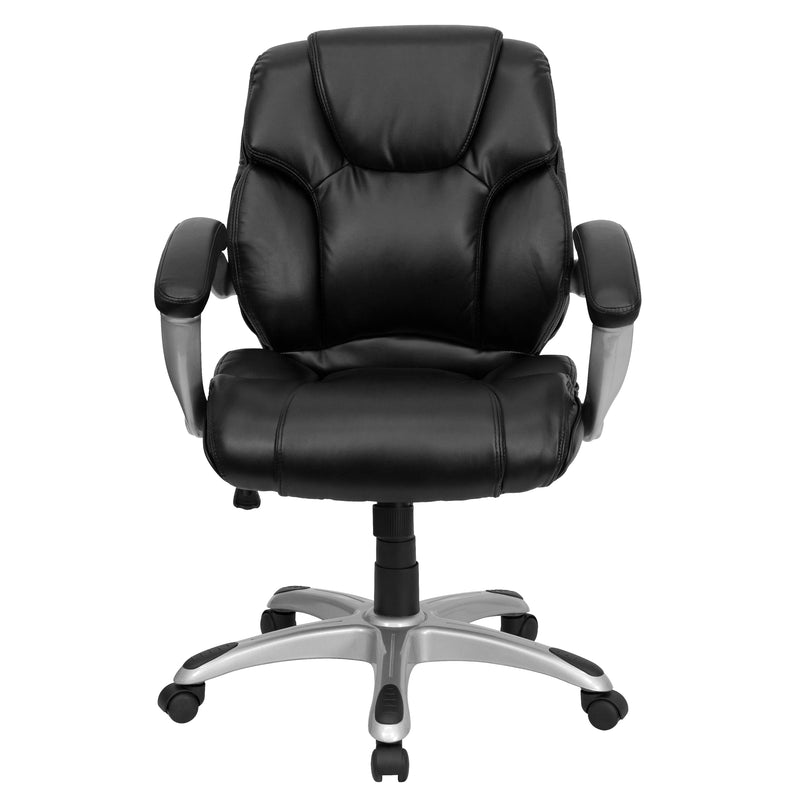 Heather Mid-Back Black LeatherSoft Layered Upholstered Executive Swivel Ergonomic Office Chair with Silver Nylon Base and Arms
