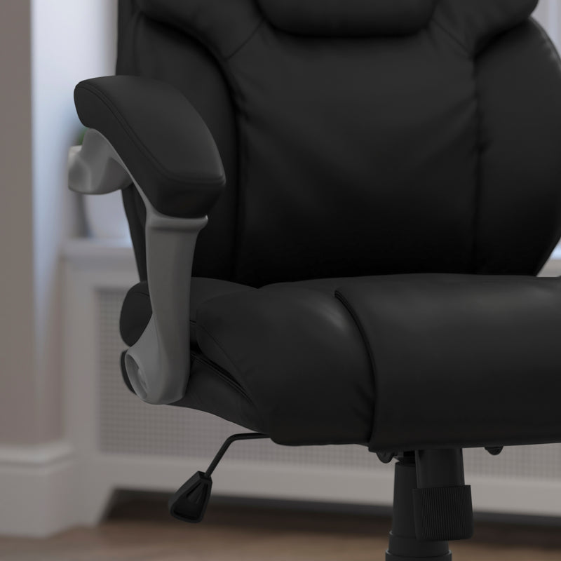 Heather Mid-Back Black LeatherSoft Layered Upholstered Executive Swivel Ergonomic Office Chair with Silver Nylon Base and Arms
