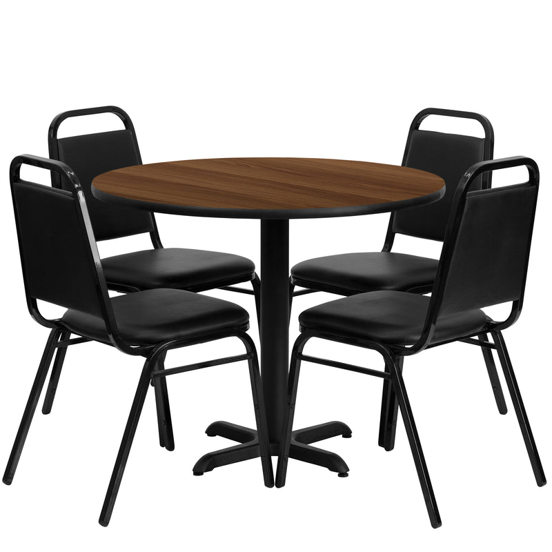 Clark 36'' Square Black Laminate Table Set with 4 Grid Back Metal Chairs - Mahogany Wood Seat